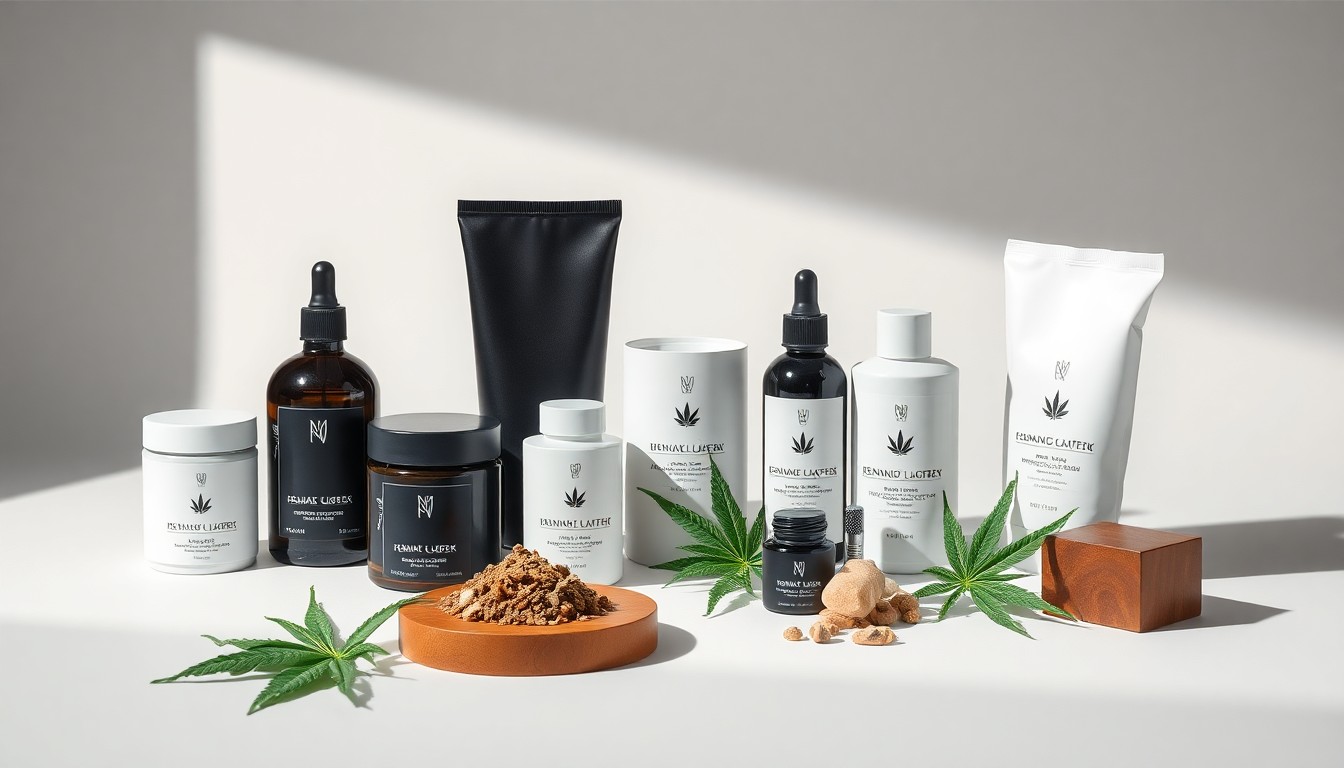 A high-end, photorealistic studio still-life photograph featuring a collection of premium hemp-derived THC products arranged elegantly on a clean, monochromatic background, conceptually representing the abstract corporate strategy and financial risks facing this industry.