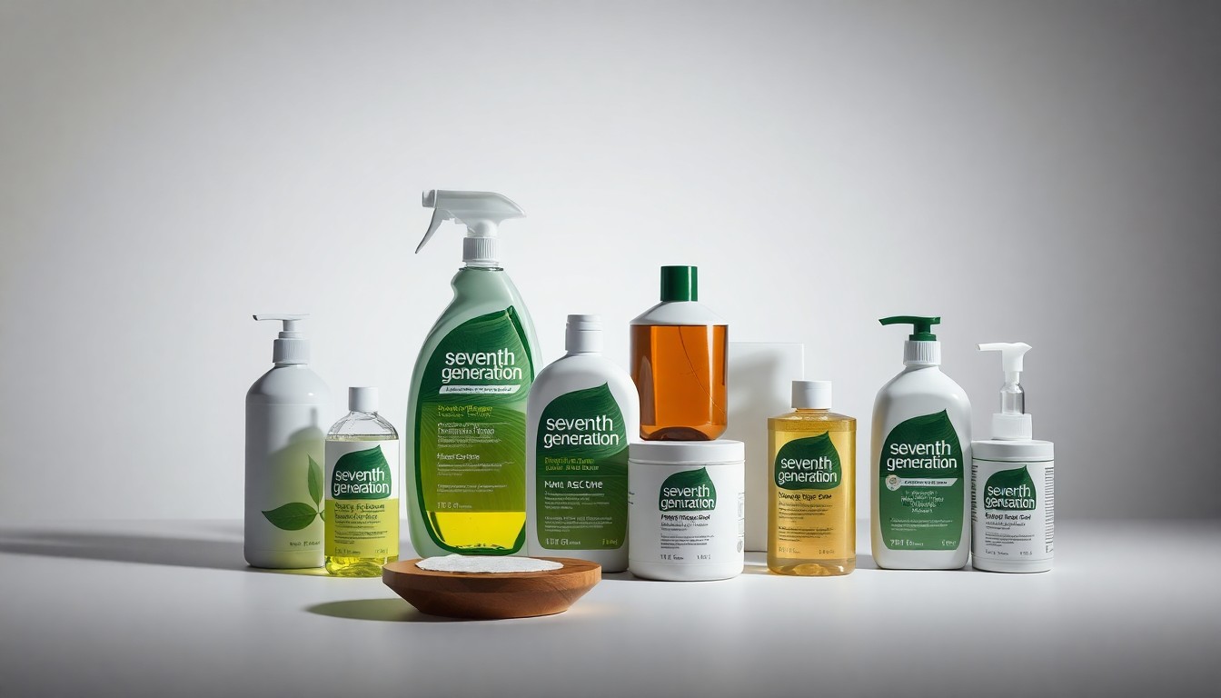 A high-finish, photorealistic studio still life featuring a collection of Seventh Generation cleaning and personal care products arranged elegantly on a clean, monochromatic background, applying dramatic lighting and shadows to symbolize the company's commitment to sustainability.