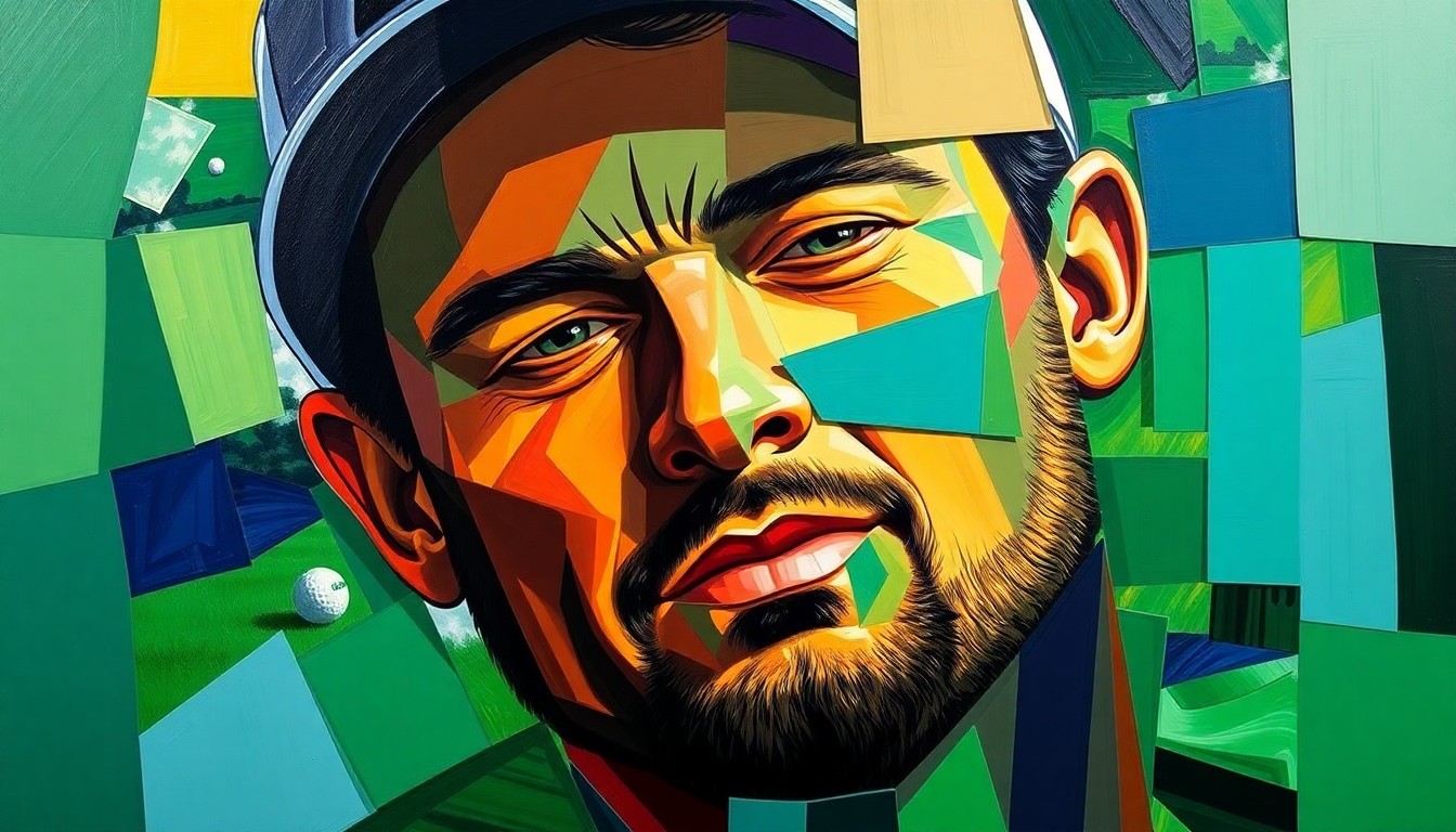 A cubist, geometric painting in vibrant shades of green, blue, and gold, capturing the raw energy and emotion of Gary Woodland's Houston Open victory through fragmented, overlapping shapes and planes.