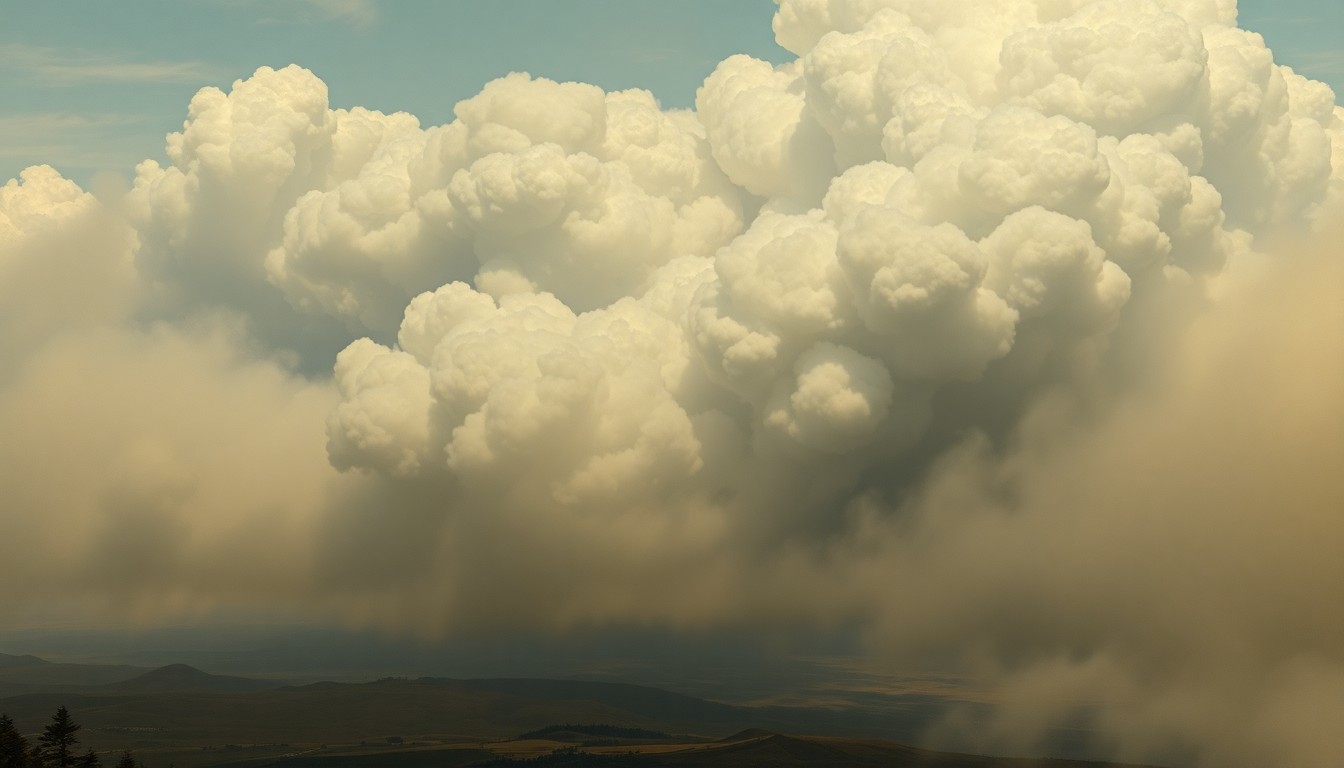 A sweeping, atmospheric landscape painting in muted tones, with a massive plume of dark smoke obscuring the horizon and dwarfing any visible structures or vegetation, conveying the overwhelming scale and power of the natural disaster unfolding.