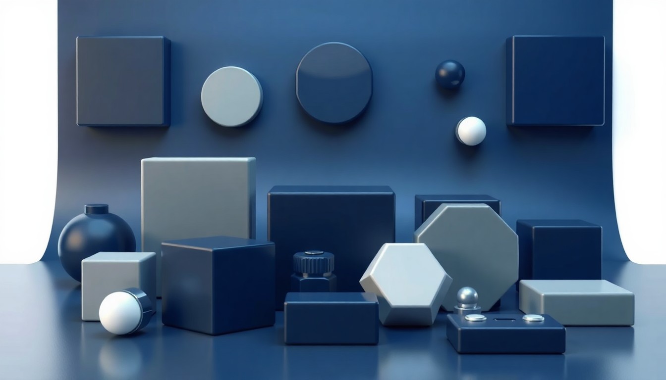 A minimalist, photorealistic studio still life featuring a collection of polished, geometric objects in shades of navy blue, steel grey, and white, conceptually representing the abstract concepts of military logistics, supply chain management, and strategic operations.