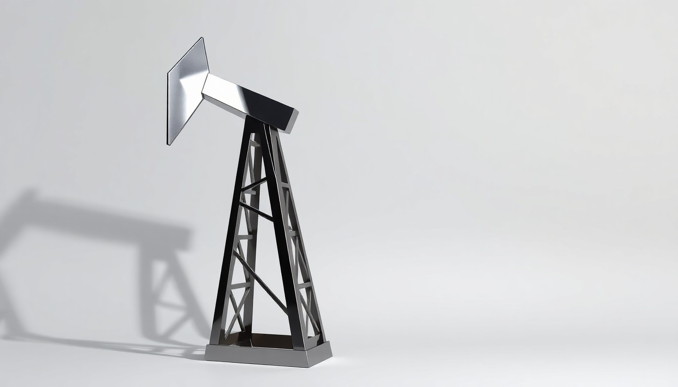 A photorealistic studio still-life image featuring a polished, geometric metal sculpture in the shape of an oil derrick, placed on a clean, monochromatic background and dramatically lit to represent the abstract concepts of energy, industry, and corporate strategy.