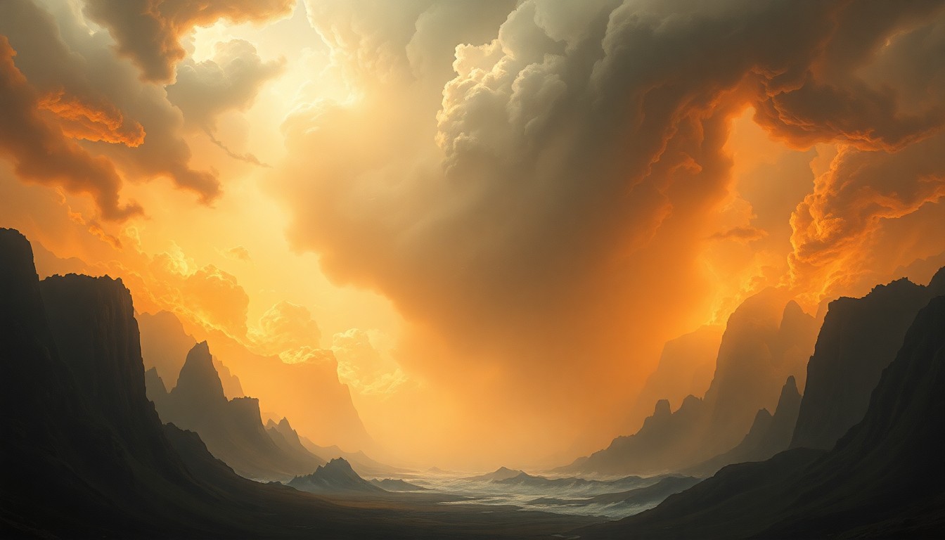 A sweeping, atmospheric landscape painting depicting the overwhelming power of a natural disaster, with physical structures and infrastructure dwarfed by the scale of the event.