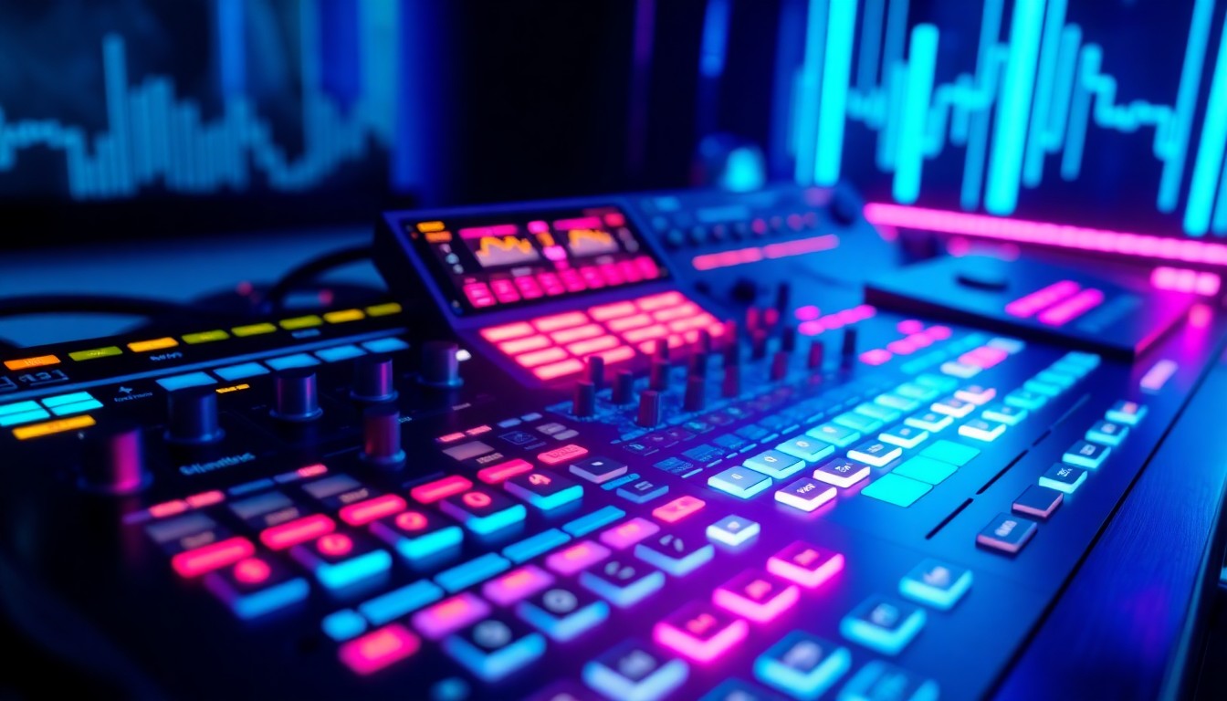 A highly detailed, glowing 3D macro illustration of a futuristic music production console with illuminated knobs, sliders, and touchscreens, surrounded by pulsing neon cyan and magenta lights, conceptually representing the advanced AI-powered audio manipulation and music creation tools of the Gen Music IM platform.