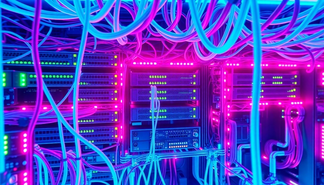 A highly detailed, 3D macro illustration of a complex network of glowing, neon-lit router hardware, cables, and circuit boards, conveying the critical importance and potential vulnerabilities of global digital infrastructure.