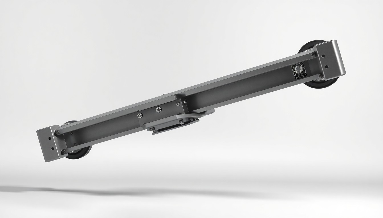 A highly detailed, photorealistic studio photograph of a polished aluminum RV chassis component floating on a plain white background, using dramatic lighting and shadows to convey an abstract, conceptual representation of the RV industry's financial performance.