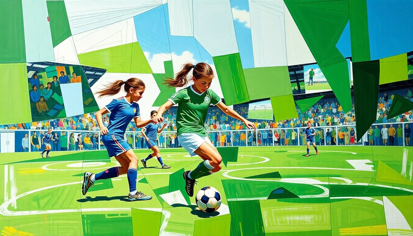 A cubist, geometric painting depicting the action and energy of a girls soccer match, with overlapping planes of green, blue, and white shapes representing the players, ball, and field.