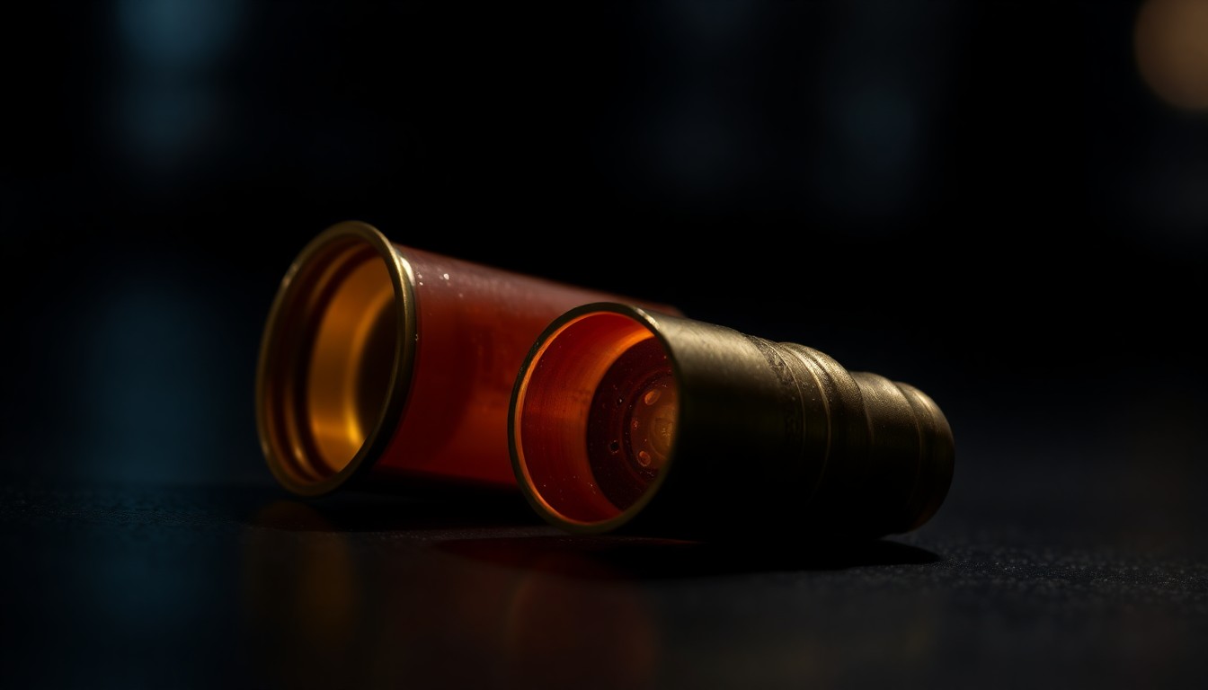 An extreme close-up of a shiny metal shell casing on a dark surface, dramatically lit by a harsh camera flash to create a stark, gritty aesthetic.