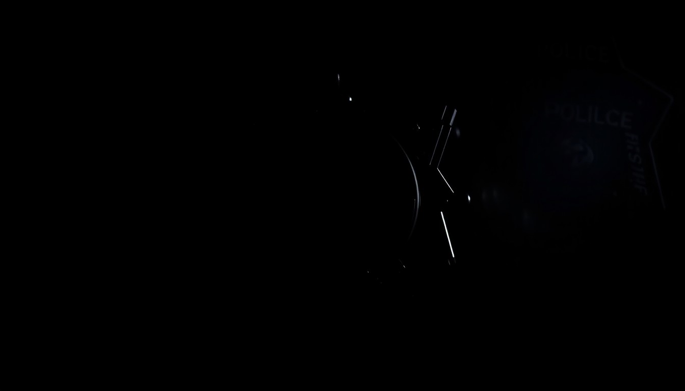 An extreme close-up photograph of a police badge or other law enforcement equipment, lit by a harsh, direct camera flash against a pitch-black background, creating a stark, gritty, investigative aesthetic.
