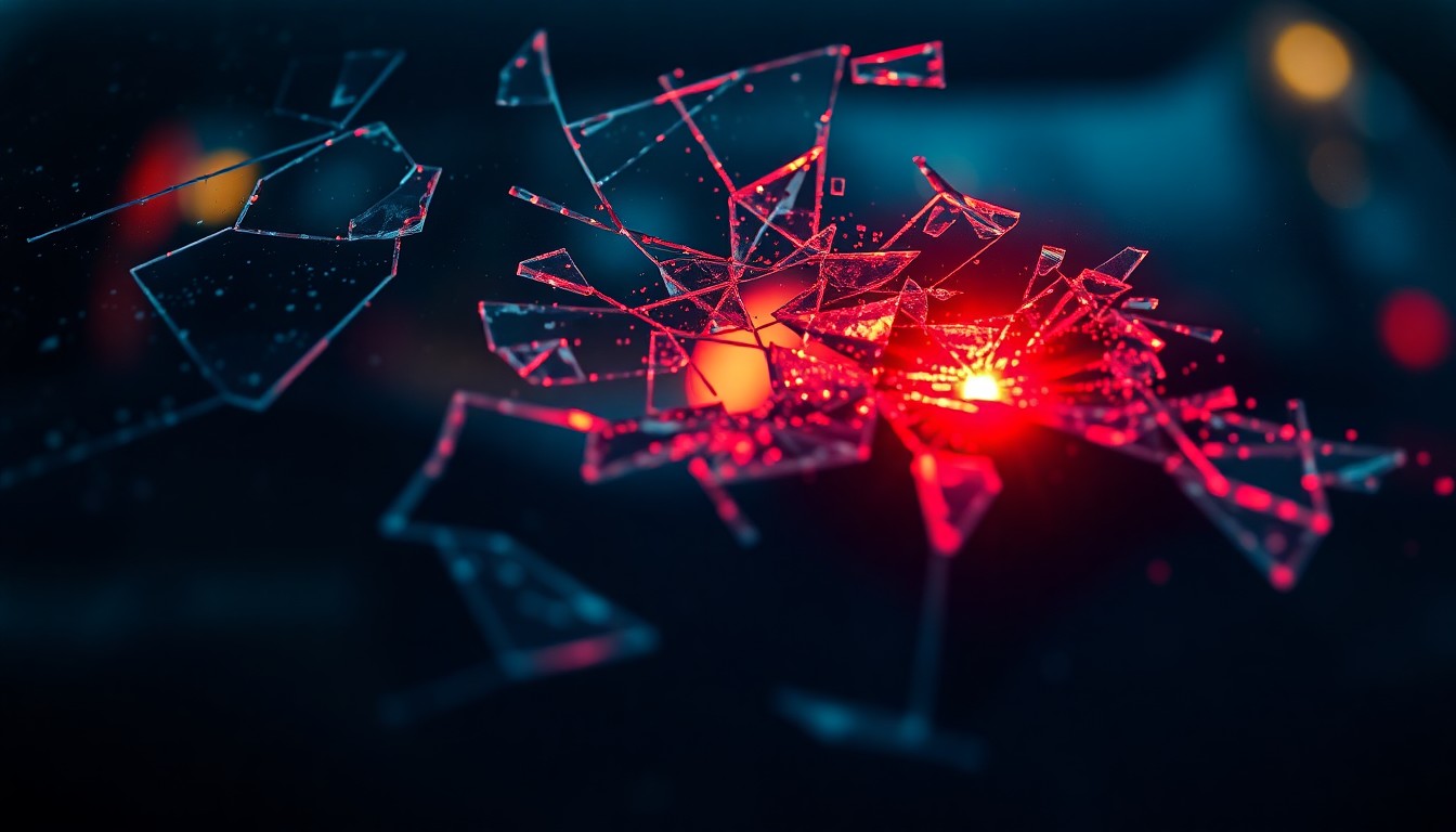An extreme close-up photograph of a shattered car windshield reflecting a faint red light, conceptually representing the aftermath of a fatal DUI collision.