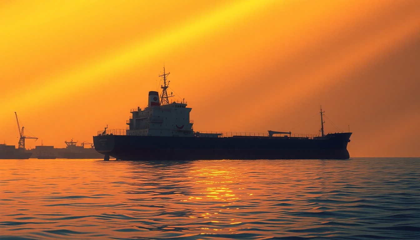 A serene, photorealistic painting of a large Russian oil tanker ship docked at a Cuban port, with the vessel's hull and superstructure reflected in the calm waters. The scene is bathed in warm, golden sunlight, creating deep shadows and a sense of quiet contemplation.