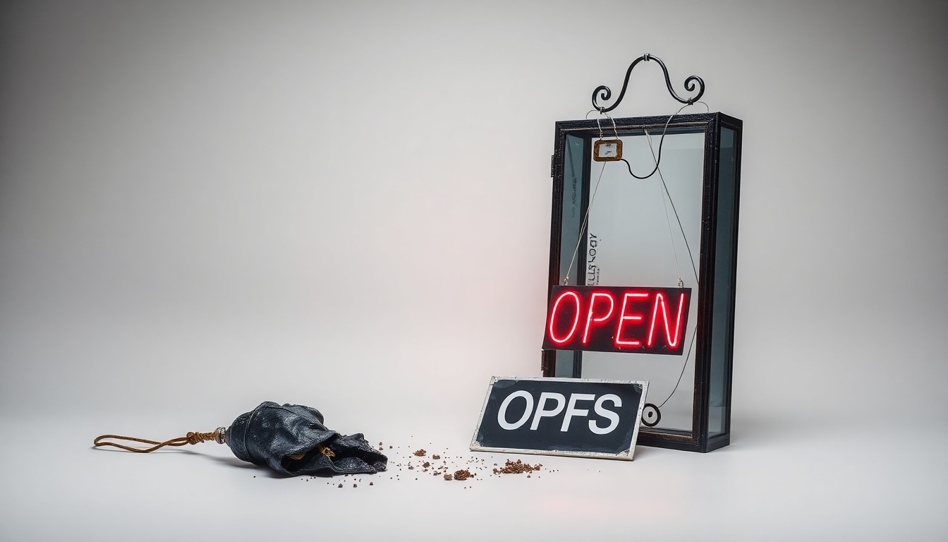 A photorealistic studio still life featuring a charred, twisted metal object, a shattered glass display case, and a crumpled 'OPEN' sign, conceptually representing the aftermath of a fire in a local business district.