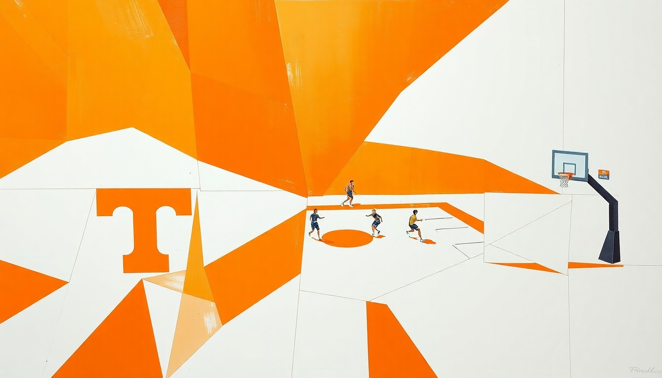 A cubist, geometric painting featuring overlapping planes of orange and white, capturing the dynamic energy and movement of a women's basketball game or practice.