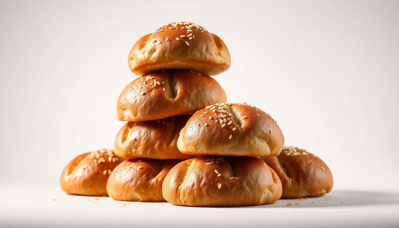 A photorealistic studio still-life featuring a stack of freshly baked Wagon Rolls, symbolizing the nourishment and sustenance provided by Midwest farmers.