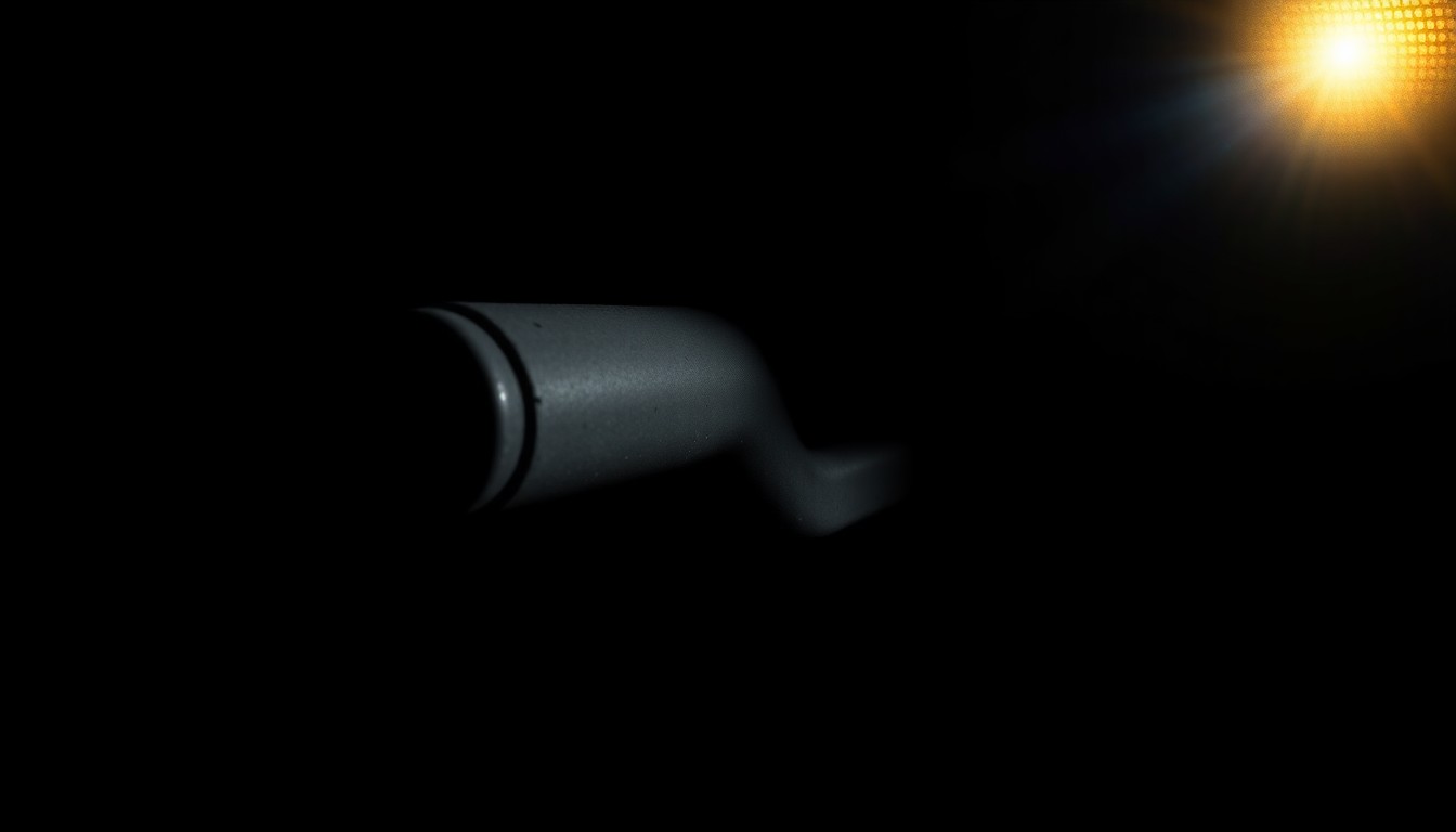 An extreme close-up of a trailer hitch, the metal surface reflecting the harsh light of the camera flash, creating a stark, gritty visual that conceptually represents the investigative nature of this property crime case.