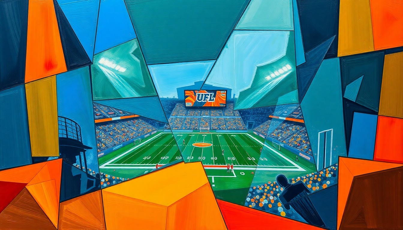 A fractured, cubist-style painting depicting the action of a UFL football game, with players and the field broken down into sharp, overlapping geometric shapes and planes in a palette of deep blue, forest green, and burnt orange.