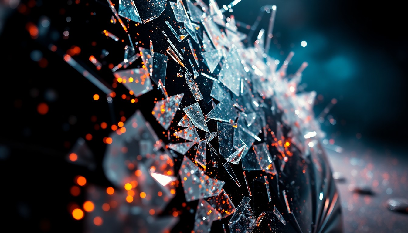 An extreme close-up of a shattered car sensor lens reflecting a faint red light, conceptually illustrating the vandalism of self-driving cars.