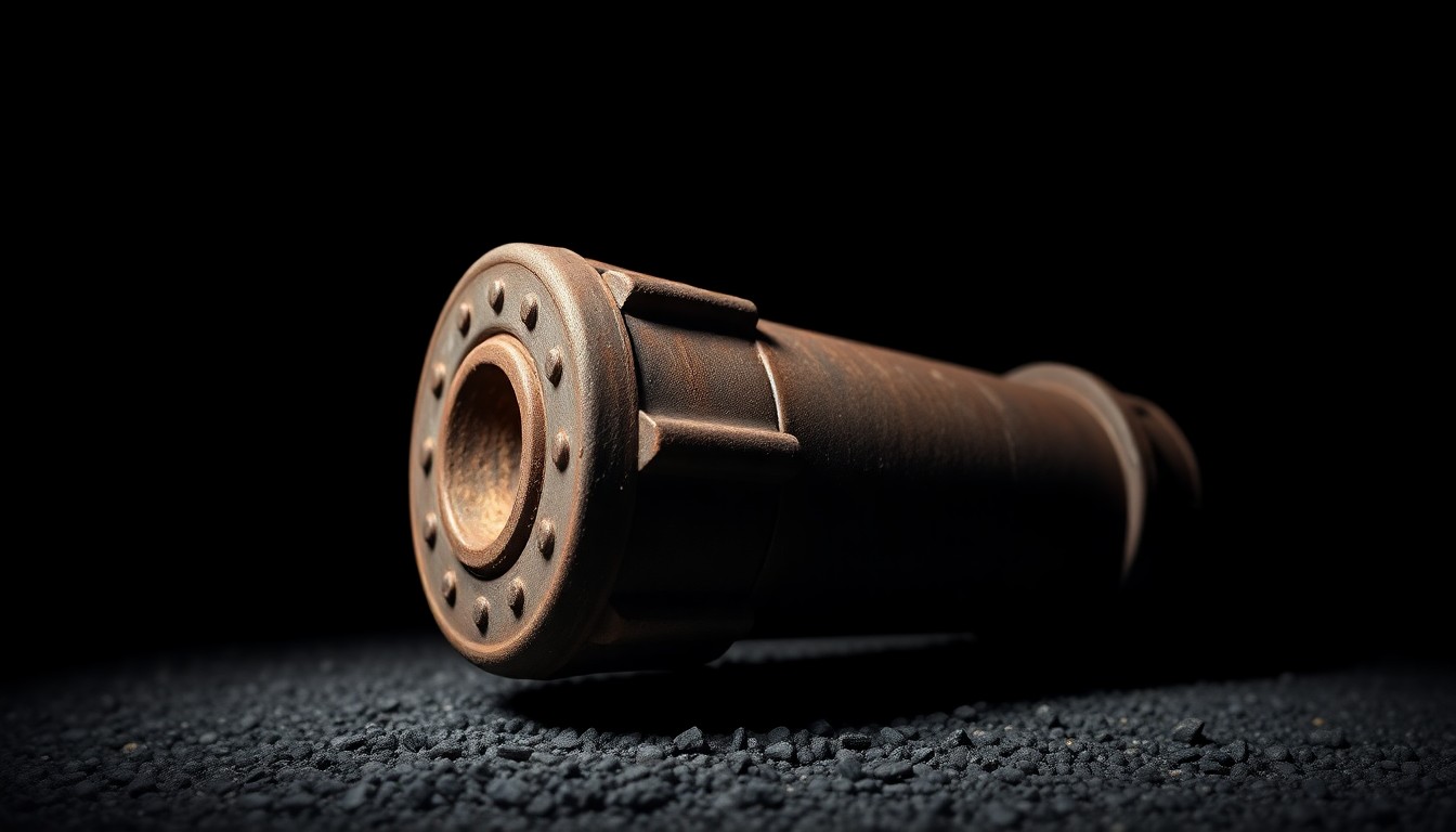 An extreme close-up of a heavily weathered, rusted railroad torpedo shell, capturing the gritty, stark texture and dramatic lighting to conceptually represent the hazardous nature of the vintage explosive device.
