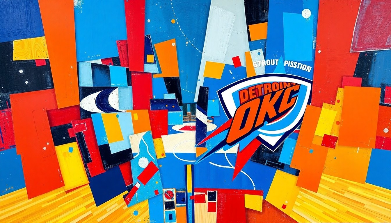 An abstract, cubist-style painting featuring overlapping geometric shapes and planes in the colors of the Detroit Pistons and Oklahoma City Thunder, capturing the high-energy clash between the two elite NBA teams.