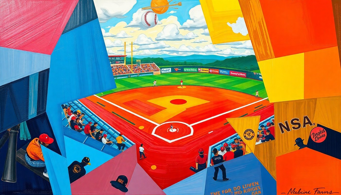 A fragmented, geometric painting depicting a baseball game, with sharp, overlapping planes of color representing the dynamic action on the field.