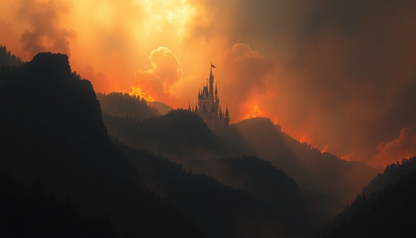 A sweeping, atmospheric landscape painting depicting a raging wildfire in the distance, with the iconic Disneyland castle silhouetted and partially obscured by thick smoke, conveying the overwhelming scale and power of the natural disaster.