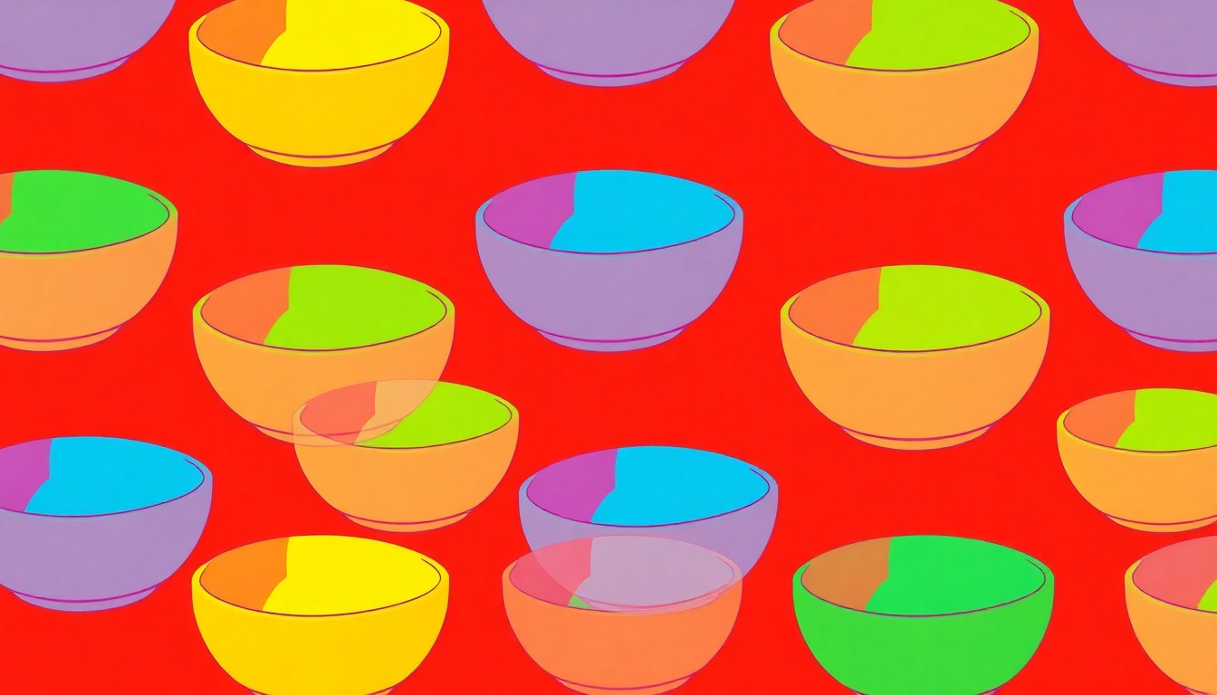 A bold, colorful silkscreen-style illustration featuring a repeating pattern of a single ceramic bowl in bright neon shades, conceptually representing the handmade items at the heart of the Empty Bowls and Baskets fundraiser event.