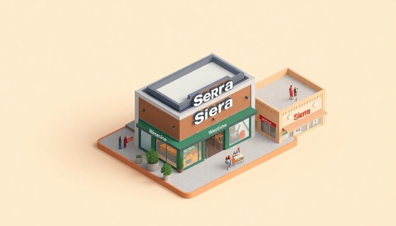 A stylized 3D digital illustration depicting the exterior of a new Sierra outdoor gear store, surrounded by other retail shops in an isometric layout with clean lines, bold colors, and soft lighting, representing the vibrant retail scene at Bemidji's Westridge Shopping Center.