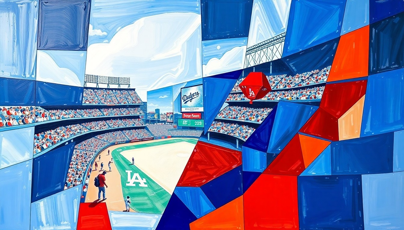 A cubist, geometric painting depicting a fragmented, multi-angled view of a baseball stadium scene, with sharp planes of Dodger blue, white, and red colors representing the team's branding and the high-priced nature of the Ohtani souvenir cup.