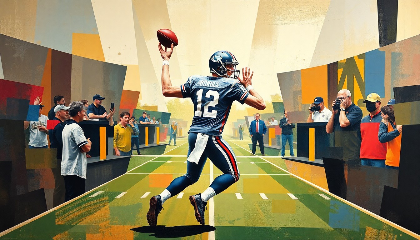 A cubist, geometric painting depicting a quarterback dropping back to pass, with the figure broken down into sharp, overlapping planes of color and shape.