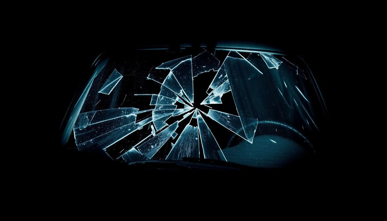 An extreme close-up photograph of a shattered car windshield or other damaged vehicle part, lit by a harsh, direct camera flash against a pitch-black background, conceptually illustrating the aftermath of a tragic crash caused by suspected drunk driving.