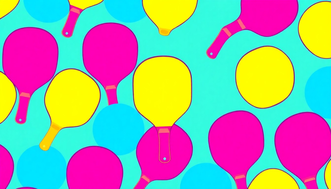 A bold, abstract silkscreen illustration featuring a repeating pattern of a bright blue pickleball paddle against a vibrant pink and yellow background, conceptually representing the lively atmosphere and community spirit of the new Hamlin House club.