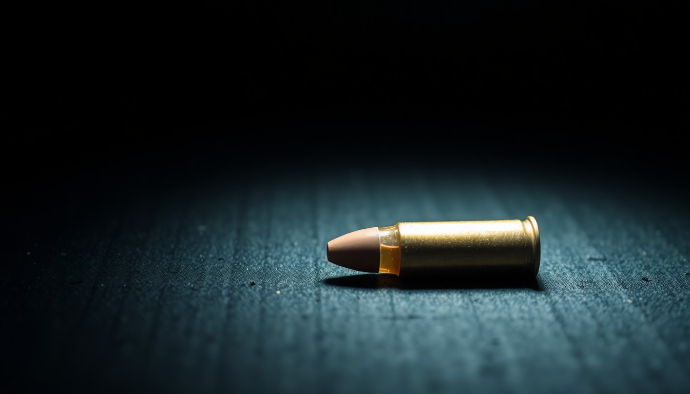 An extreme close-up photograph of a single spent shell casing on a dark, textured surface, lit by a harsh, direct camera flash, conceptually representing the physical evidence in a criminal investigation.