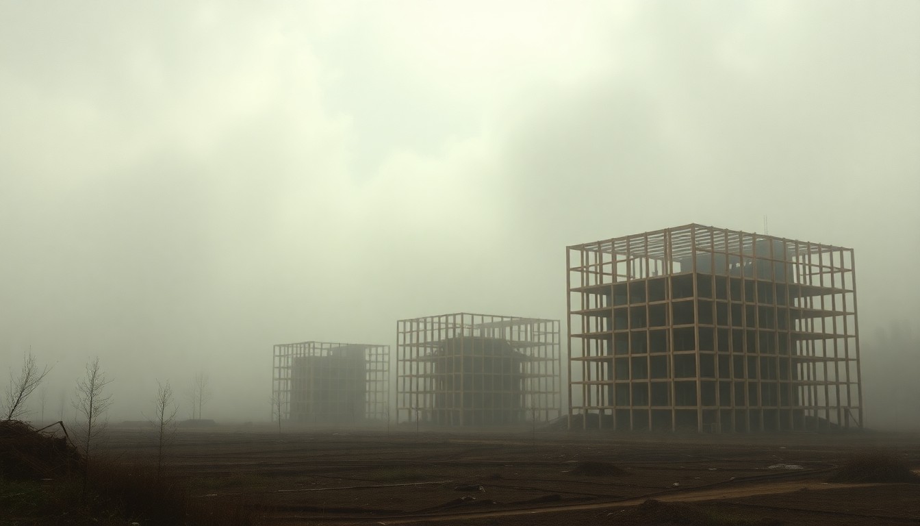 A heavily textured, atmospheric landscape painting depicting a partially constructed affordable housing complex shrouded in fog, the skeletal frames of the buildings dwarfed by the overwhelming scale of the natural environment.