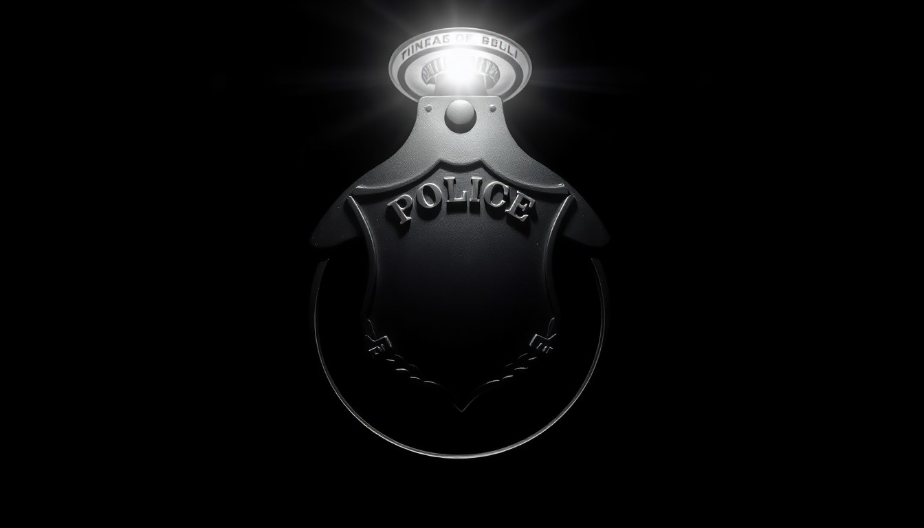 An extreme close-up photograph of a police badge or handcuffs, lit by a harsh, direct camera flash against a pitch-black background, creating a stark, gritty, investigative aesthetic.