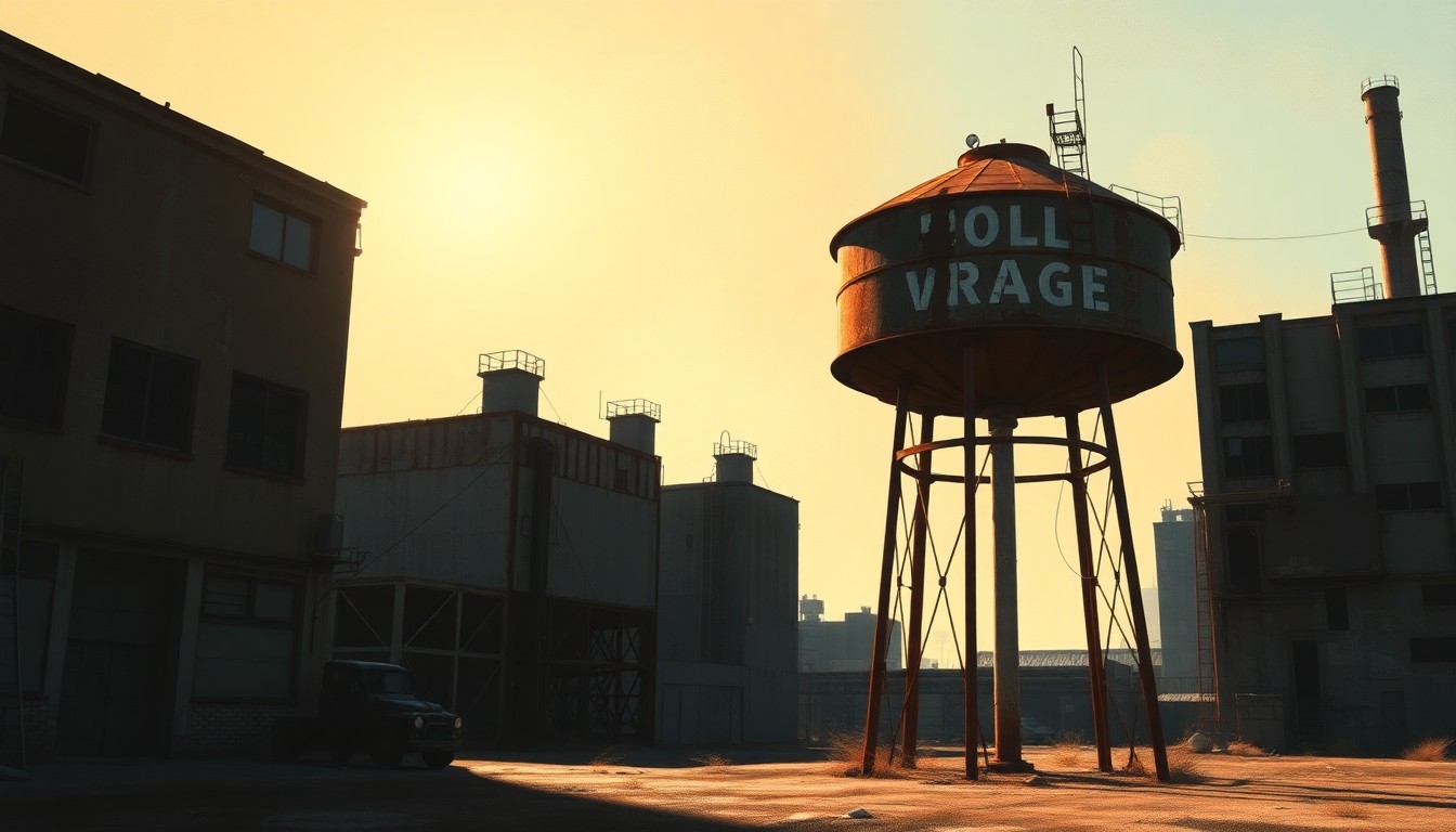 A nostalgic, cinematic painting depicting an old, rusted water tower set against a backdrop of dilapidated industrial buildings, bathed in warm, diagonal sunlight and deep shadows, conceptually representing the challenges facing Jackson's water system.
