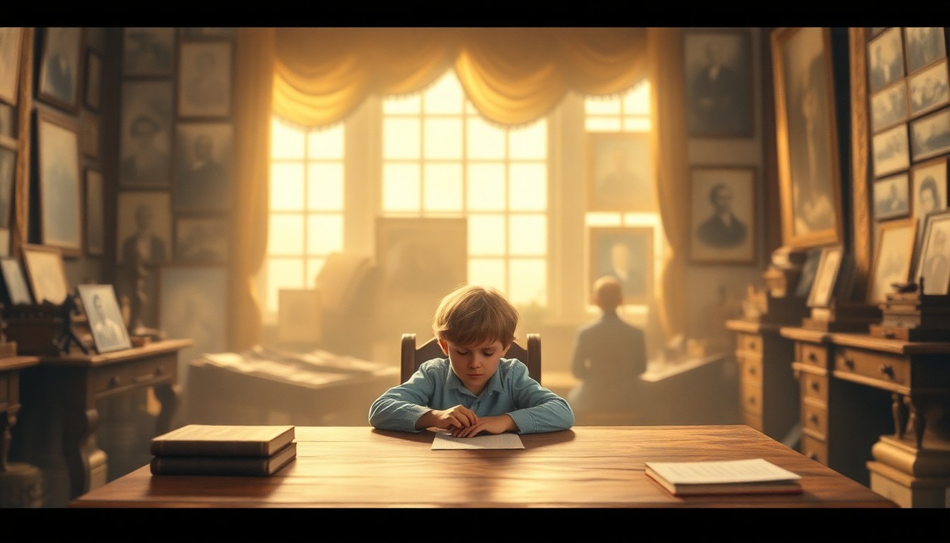 An extremely abstracted, out-of-focus photograph of a child sitting at a large wooden desk, surrounded by blurred images of historical artifacts, all in a warm, golden glow, conceptually representing the inspirational visit of a young Jimmy Carter superfan.