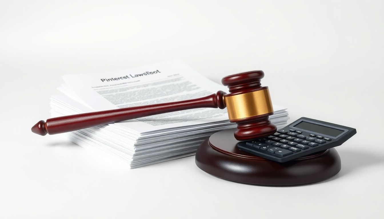A photorealistic studio still-life featuring a stack of legal documents, a gavel, and a calculator on a clean, monochromatic background, conceptually representing the abstract corporate strategy and financial implications of the class action lawsuit against Pinterest.