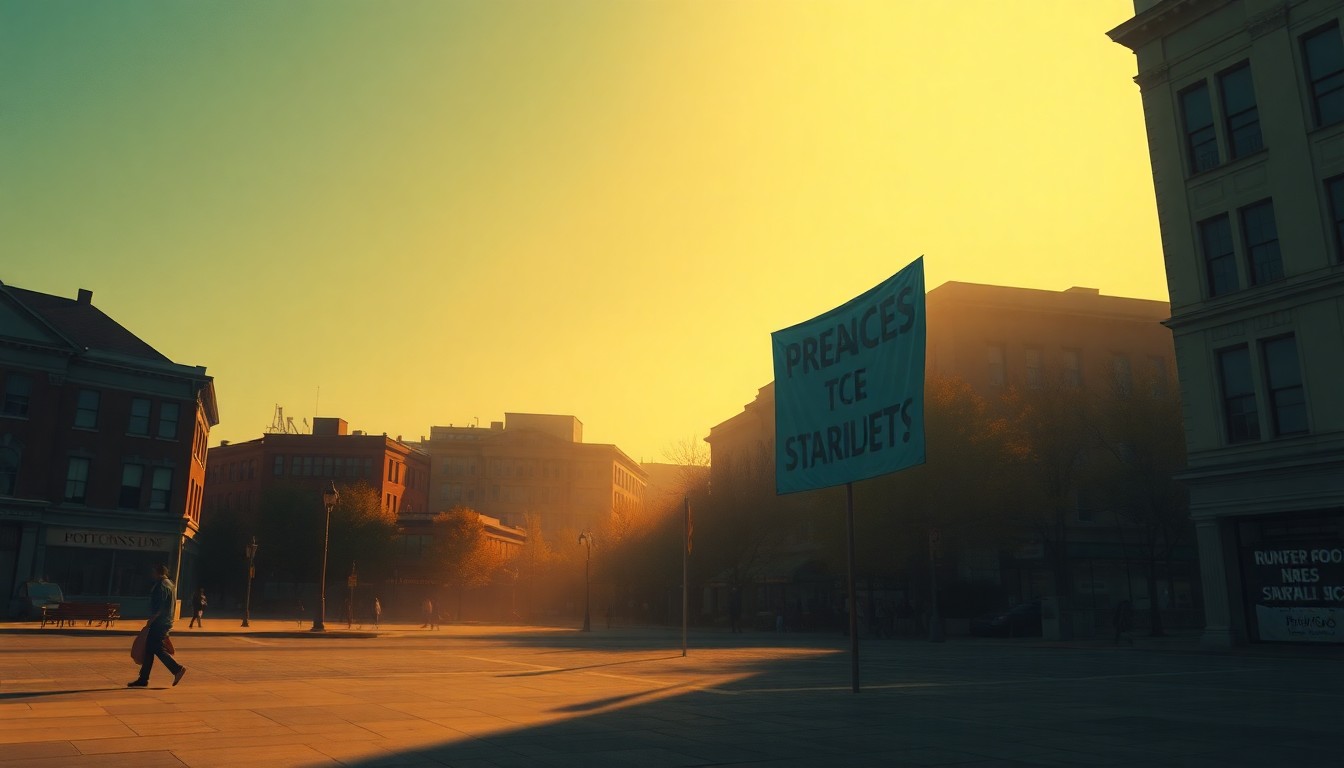 A serene, cinematic painting depicting a lone protest sign or banner in a sunlit public square, conveying the quiet determination and civic engagement behind the 'No Kings' march in Portland.