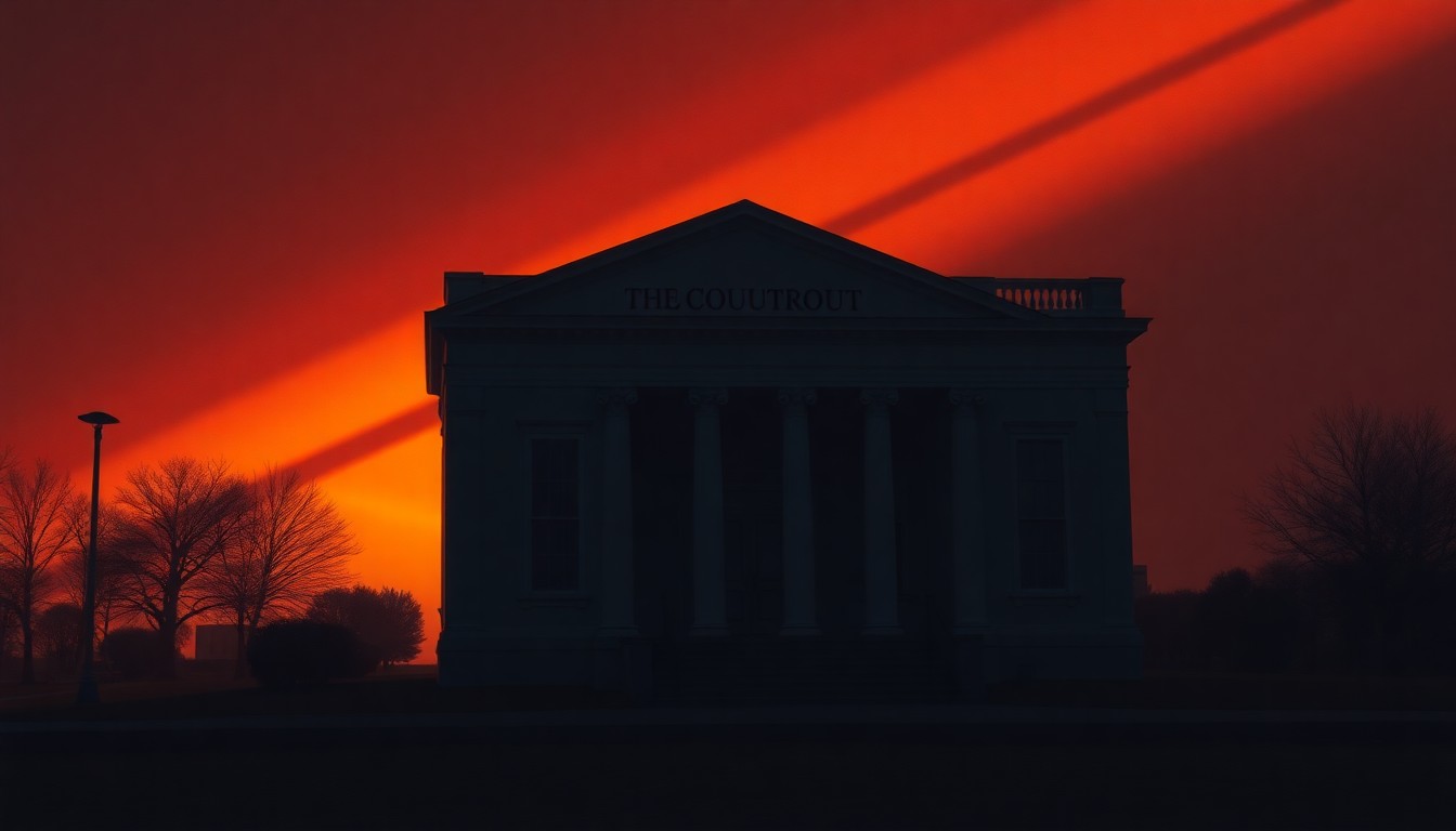 A dimly lit, cinematic painting of a government building with a lone figure standing outside, casting long shadows across the scene, conveying a sense of quiet contemplation about the role of the criminal justice system in the community.