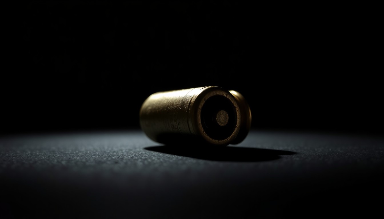 An extreme close-up photograph of a single spent bullet casing against a pitch-black background, the textured metal surface and dramatic shadows creating a stark, gritty, investigative aesthetic.