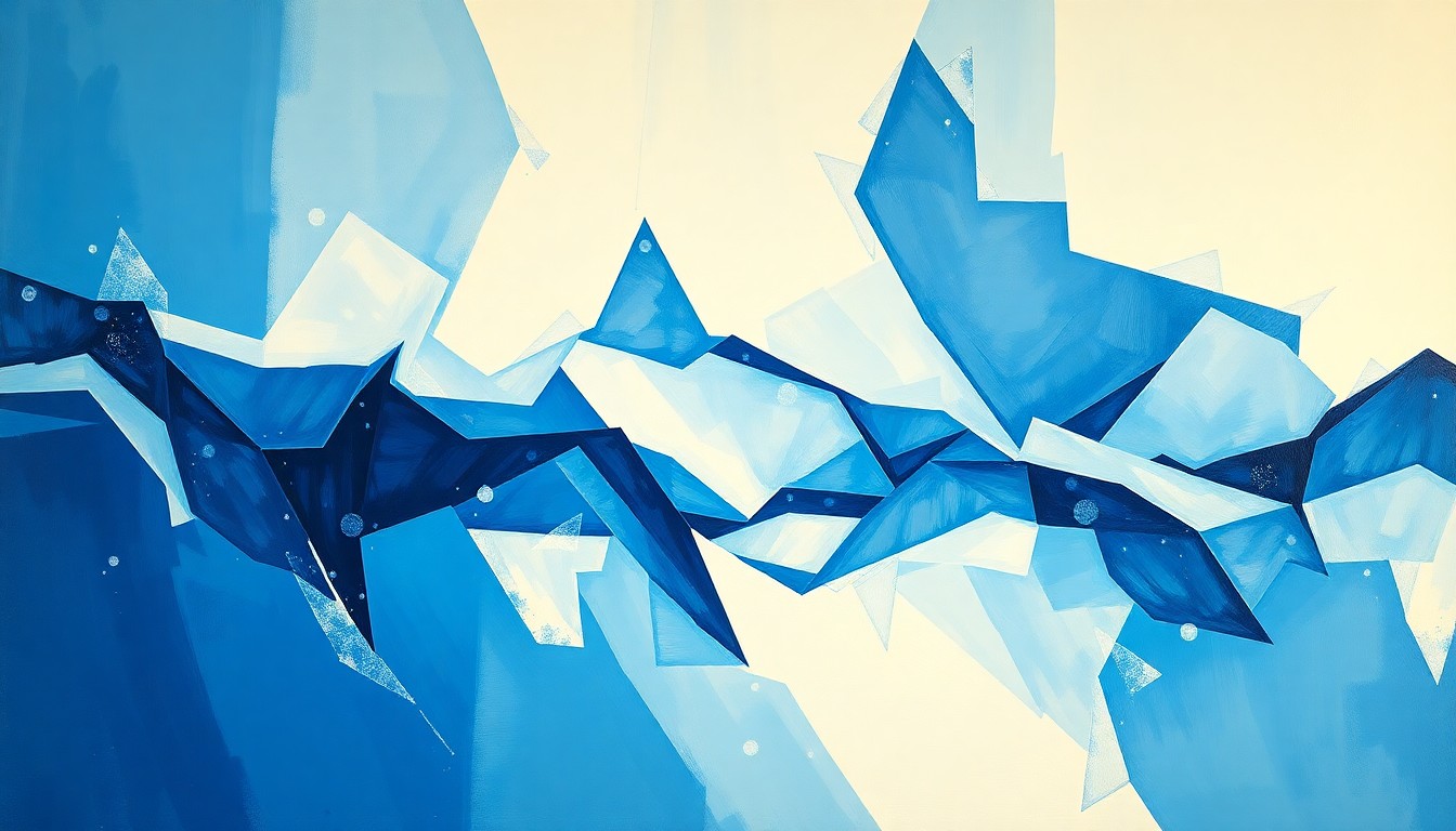 A dynamic, abstract painting in shades of blue, gray, and white depicting the overlapping, geometric waves of a stock chart or prediction market graph, conveying the complex and fast-paced nature of the investigation.