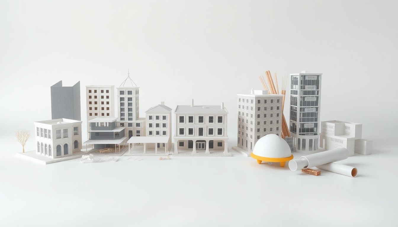 A photorealistic studio still life featuring a collection of architectural models, building materials, and engineering tools arranged elegantly on a clean, monochromatic background, representing the abstract concepts of urban development, zoning regulations, and community planning.