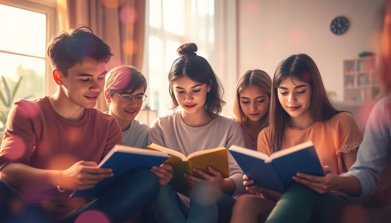 An abstract, impressionistic photograph showing the blurred silhouettes of several young people gathered around a table in a softly lit room, the scene rendered in a hazy, dreamlike palette of warm colors.