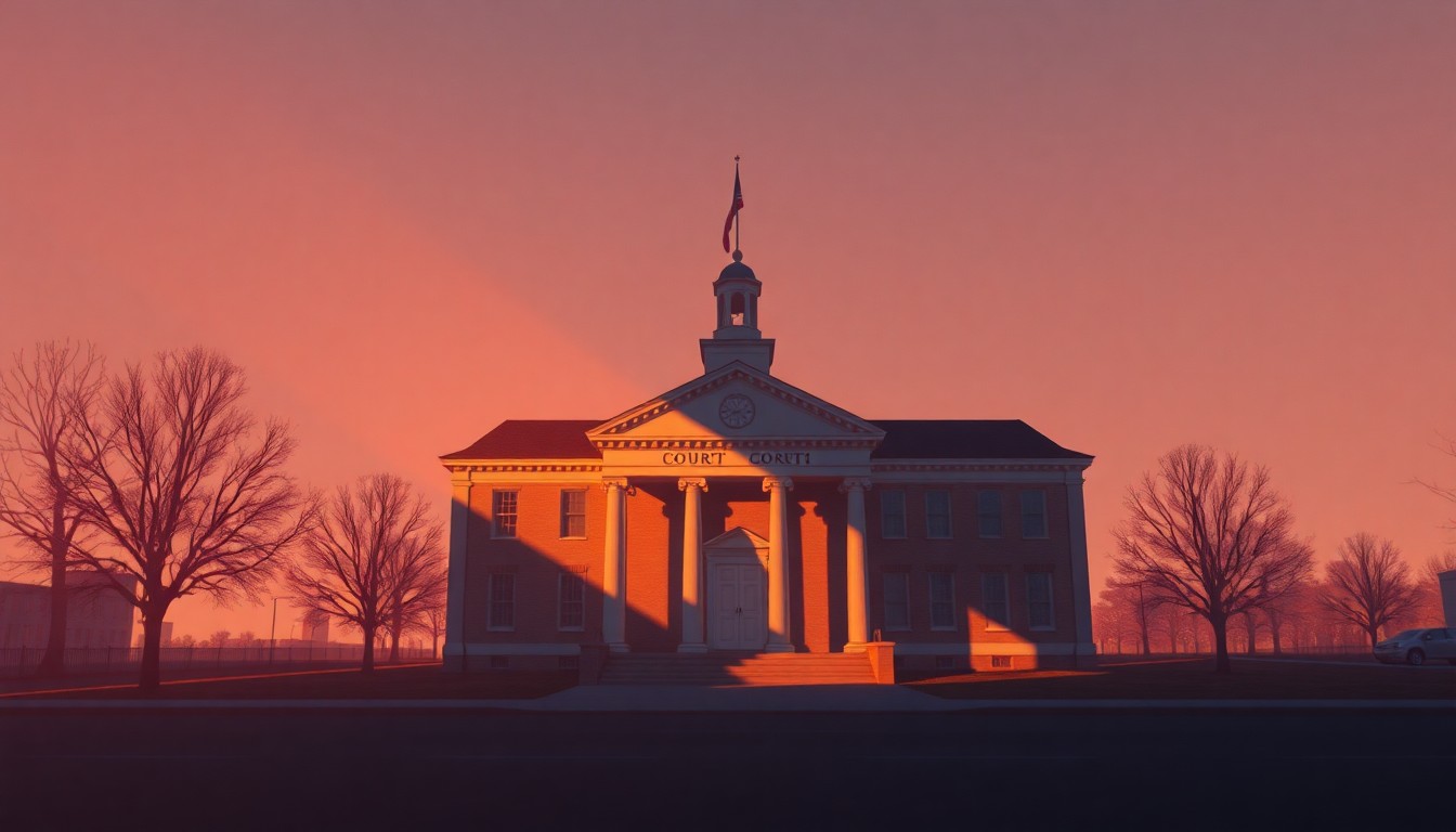 A serene, photorealistic painting of a government building in soft, golden light, conveying a sense of contemplation and change.