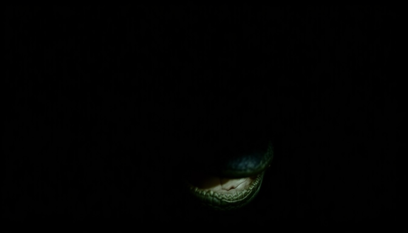 An extreme close-up photograph of an alligator's eye and snout, lit by a harsh, direct camera flash against a pitch-black background, creating a stark, gritty, investigative aesthetic.