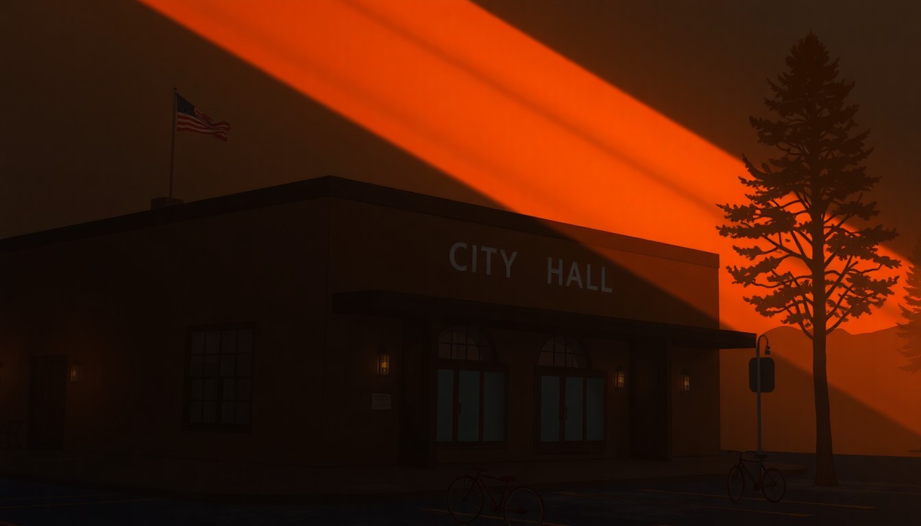 A serene, photorealistic painting of a government building in warm, golden light, conveying a sense of civic duty and public trust.