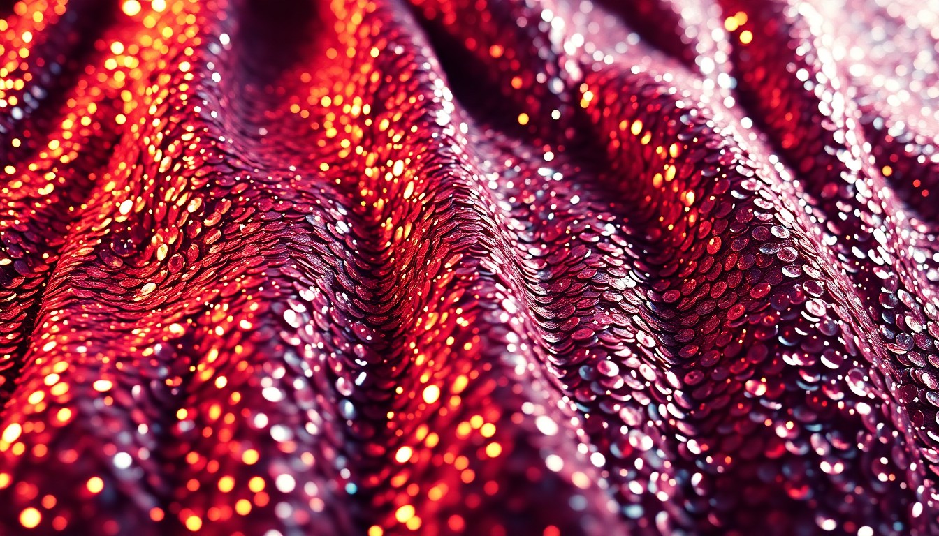 An abstract close-up photograph of shimmering, glittering sequins in dramatic, high-contrast studio lighting, capturing the luxurious, high-fashion aesthetic of 1980s hair metal.