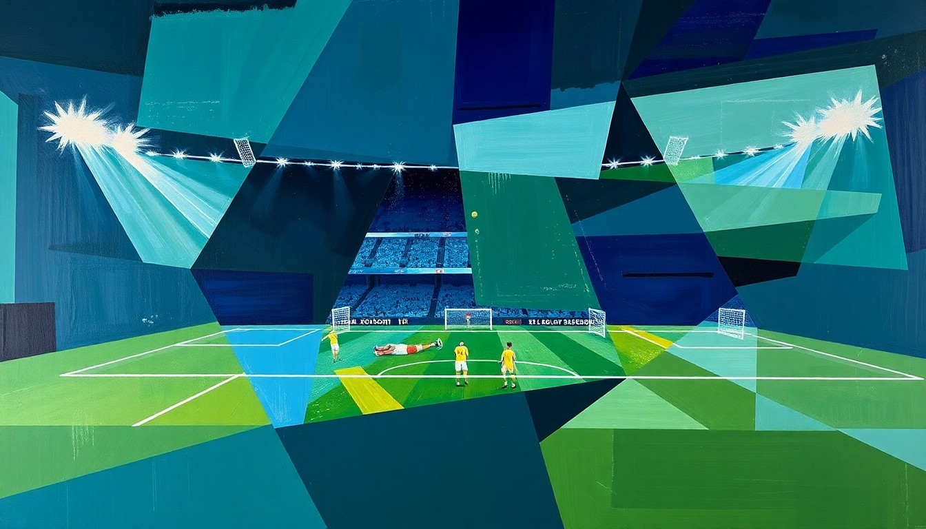 A cubist, geometric painting depicting a fragmented, multi-perspective view of a football game, with sharp planes of deep blue, green, and grey colors conceptually representing the physical challenges and obstacles faced by professional athletes.