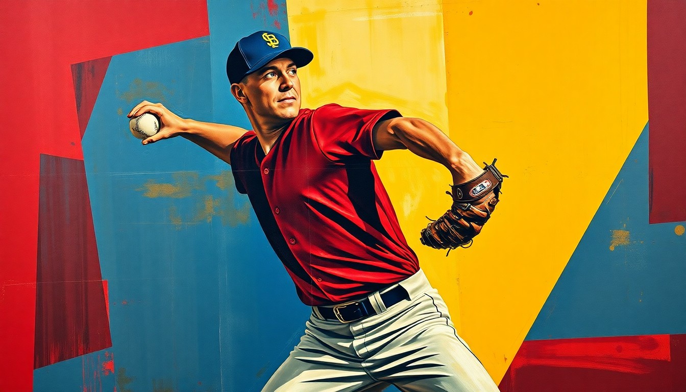 A cubist, geometric painting depicting the fractured motion of a baseball pitcher's windup and delivery, conceptually representing the historic nature of the young player's accomplishment.