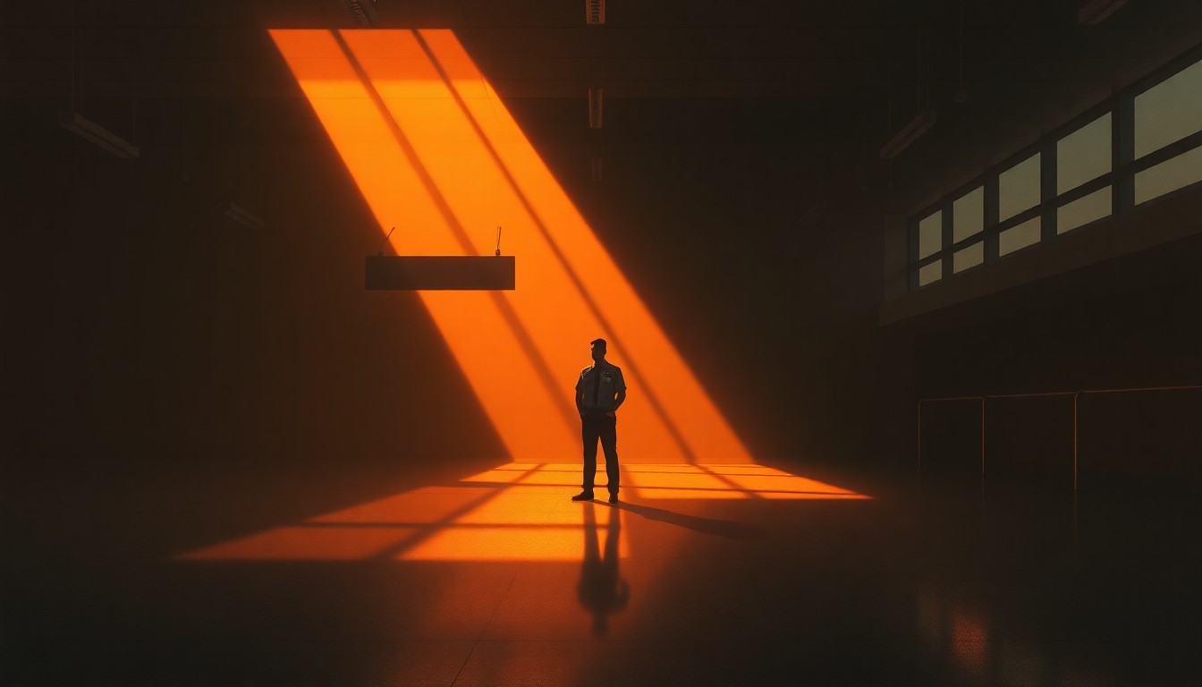 A dimly lit, cinematic painting of a lone TSA agent standing in an empty airport terminal, the warm light casting deep shadows and highlighting the solitary figure's isolation.